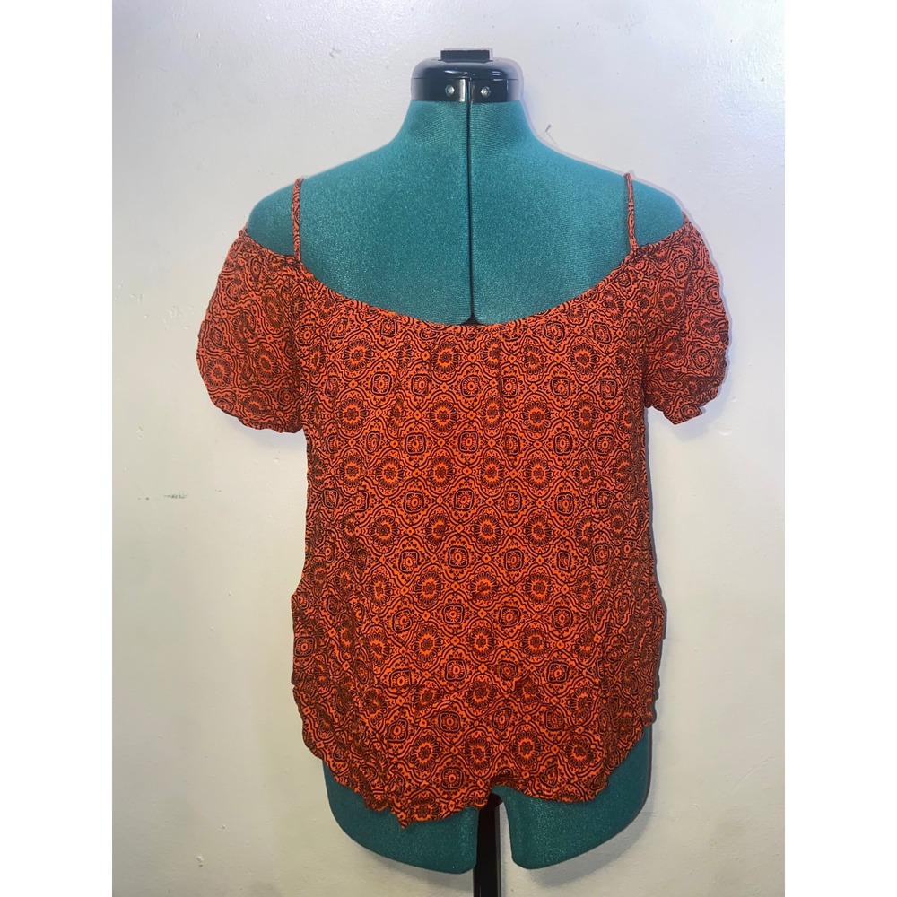 One Clothing Orange Tribal Medallion Boho Cold Shoulder Top Rayon Festival Indie